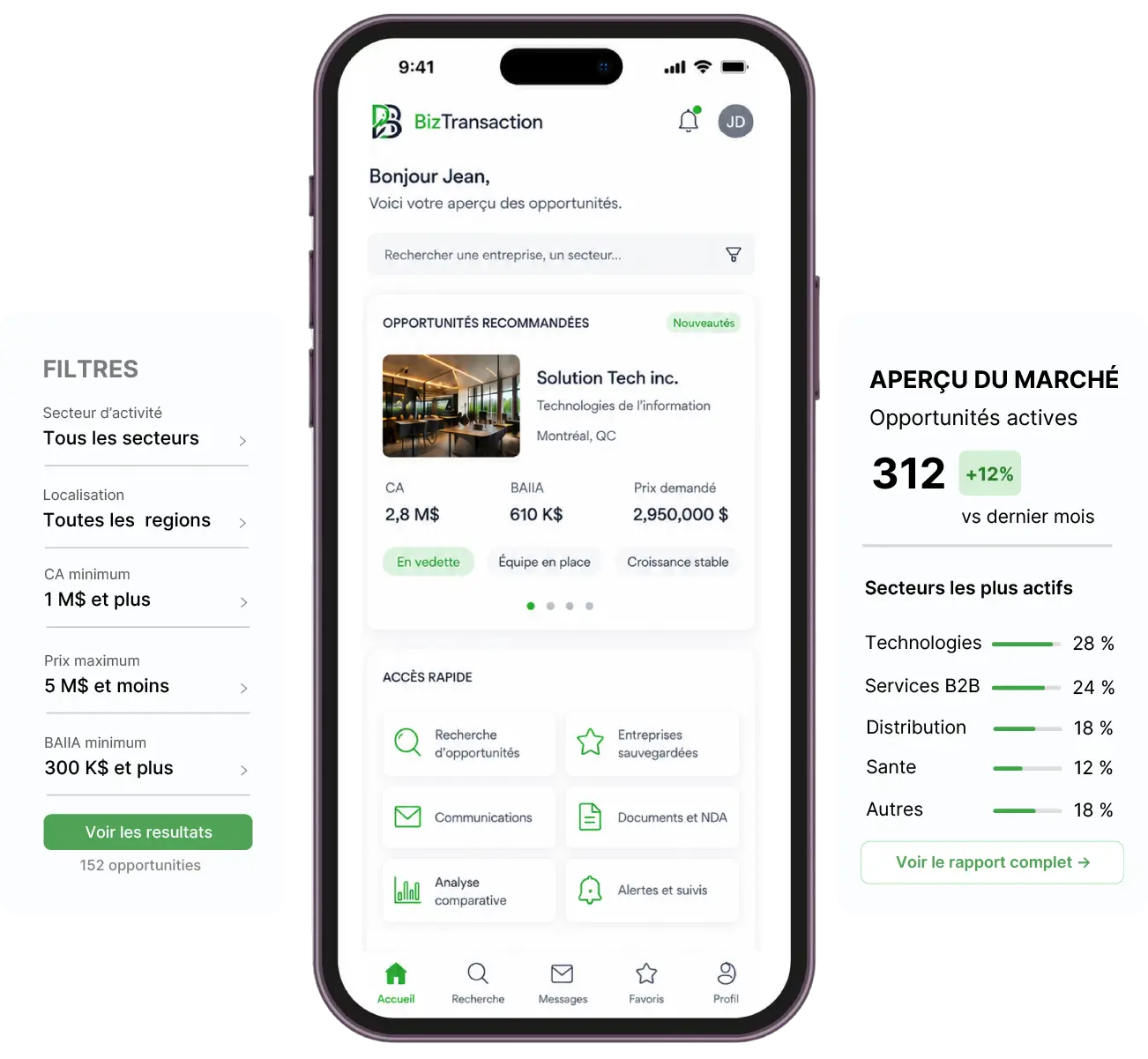 Application BizTransaction sur mobile — aperçu des opportunités d'acquisition recommandées